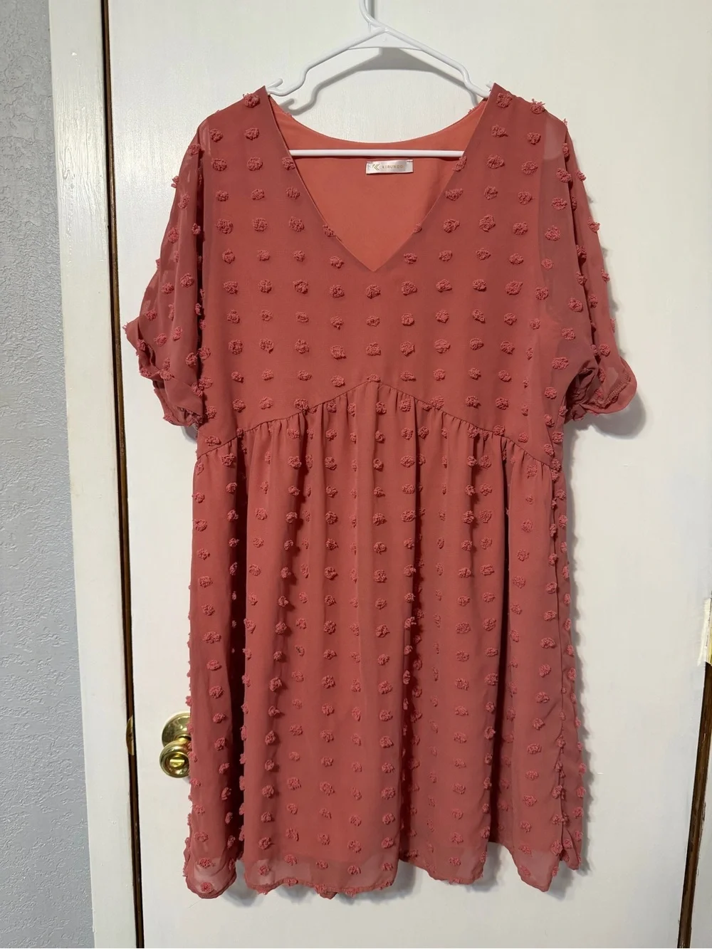 Textured V-Neck Babydoll Mini Dress in Dusty Rose